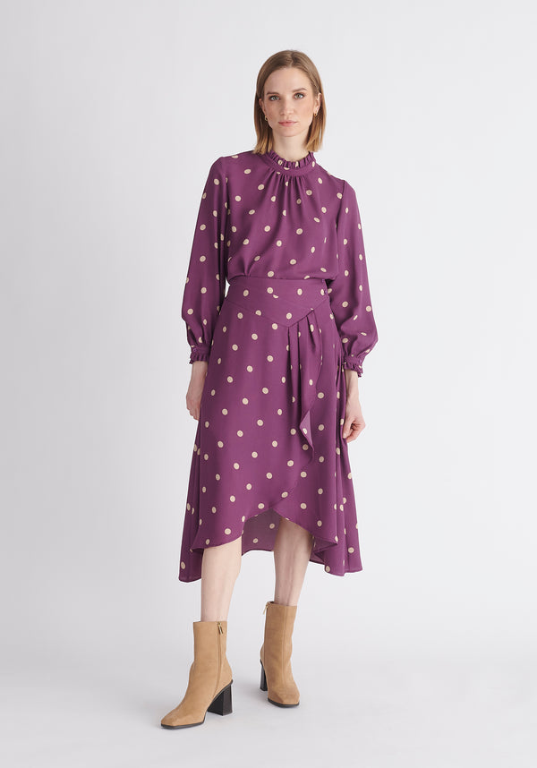 Paisie Asymmetric Polka Dot Skirt in Purple and Cream